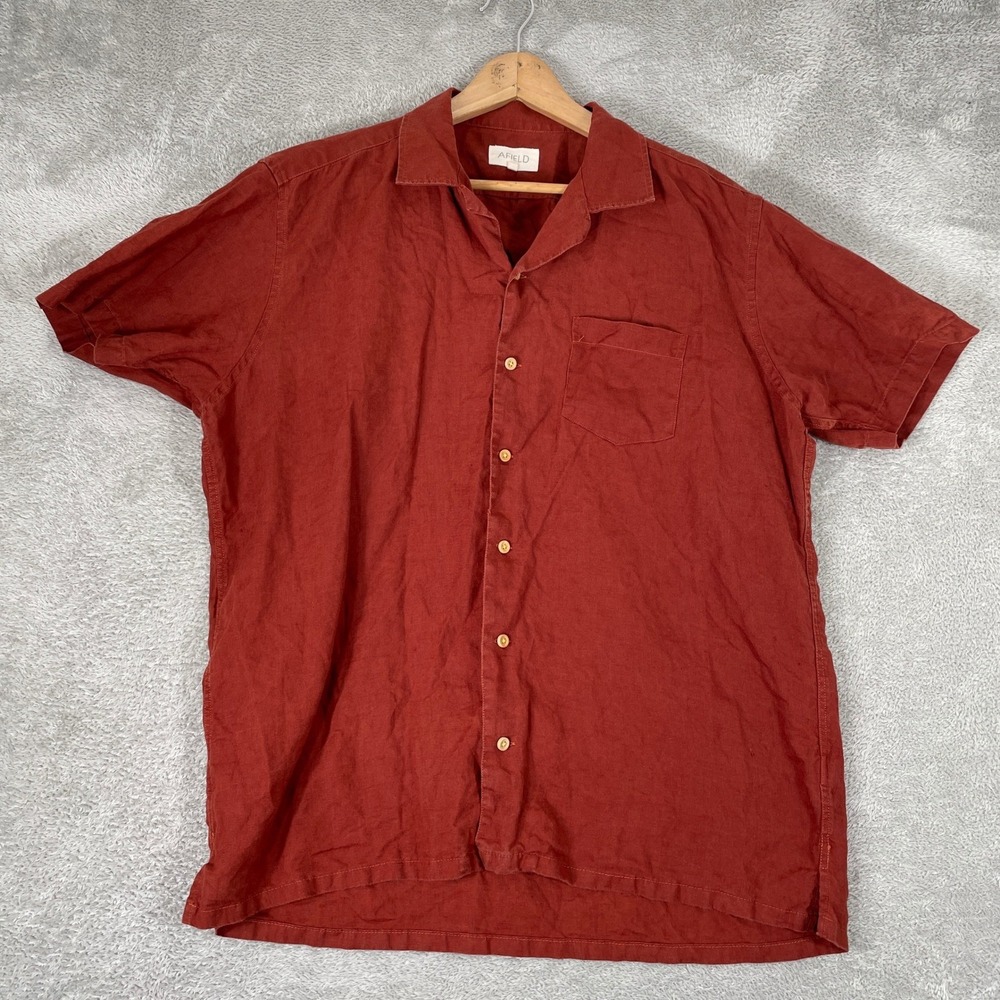 Far Afield Shirt Mens Large Orange Linen Camp Collar Casual Summer Boho